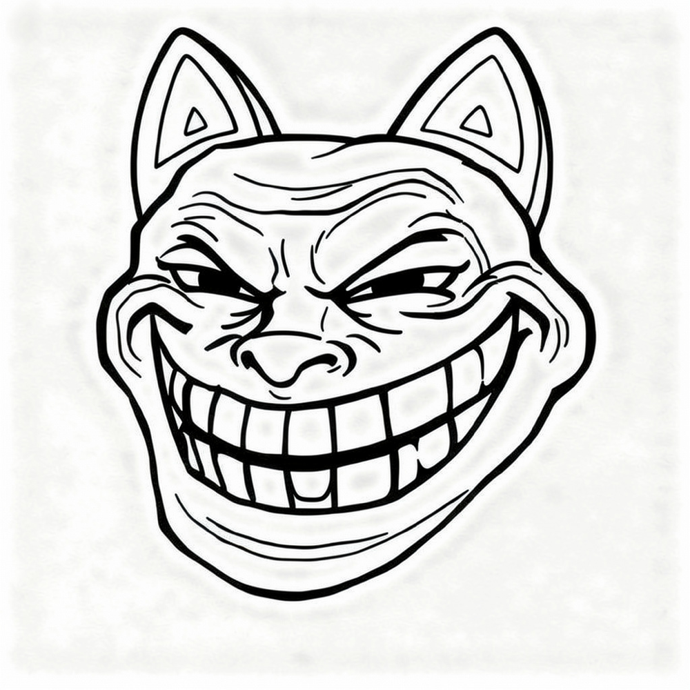 A hand drawn black and white trollface redrawn as a cat, huge toothy grin, slit eyes, two triangular cat ears