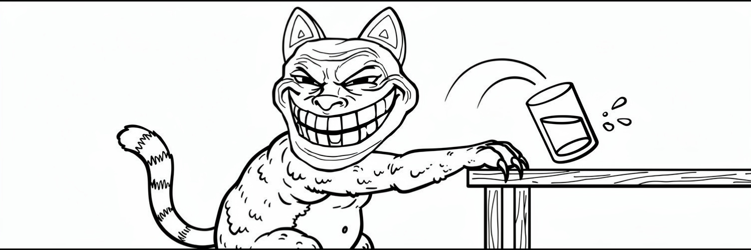 The same trollface cat, full body, knocking a glass off a table, on a wide fold out page