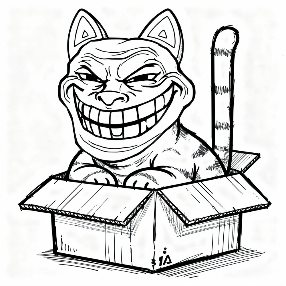 The same trollface cat crammed into a cardboard box far too small for it
