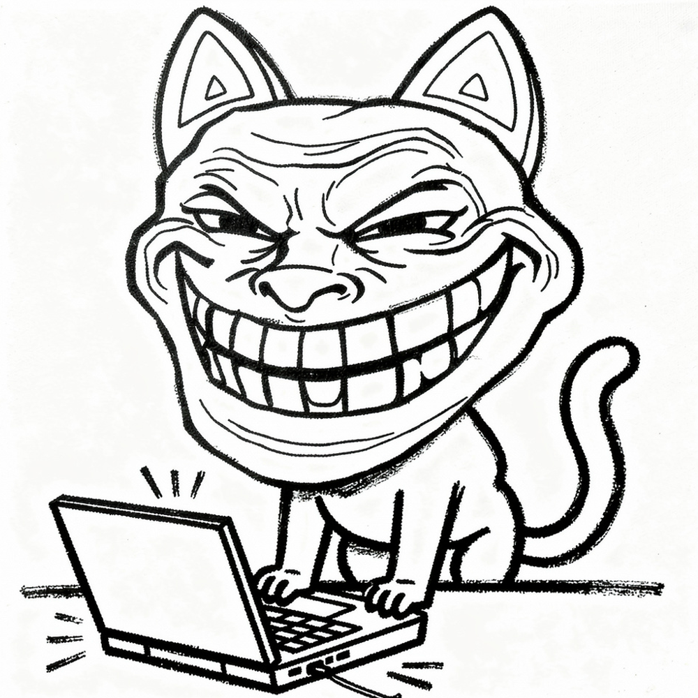 The same trollface cat standing on a laptop keyboard, typing