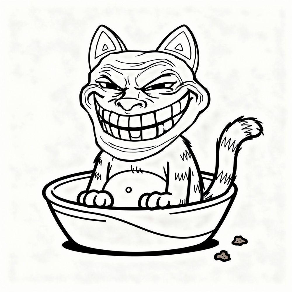 The same trollface cat sitting inside an empty food bowl, not for sitting