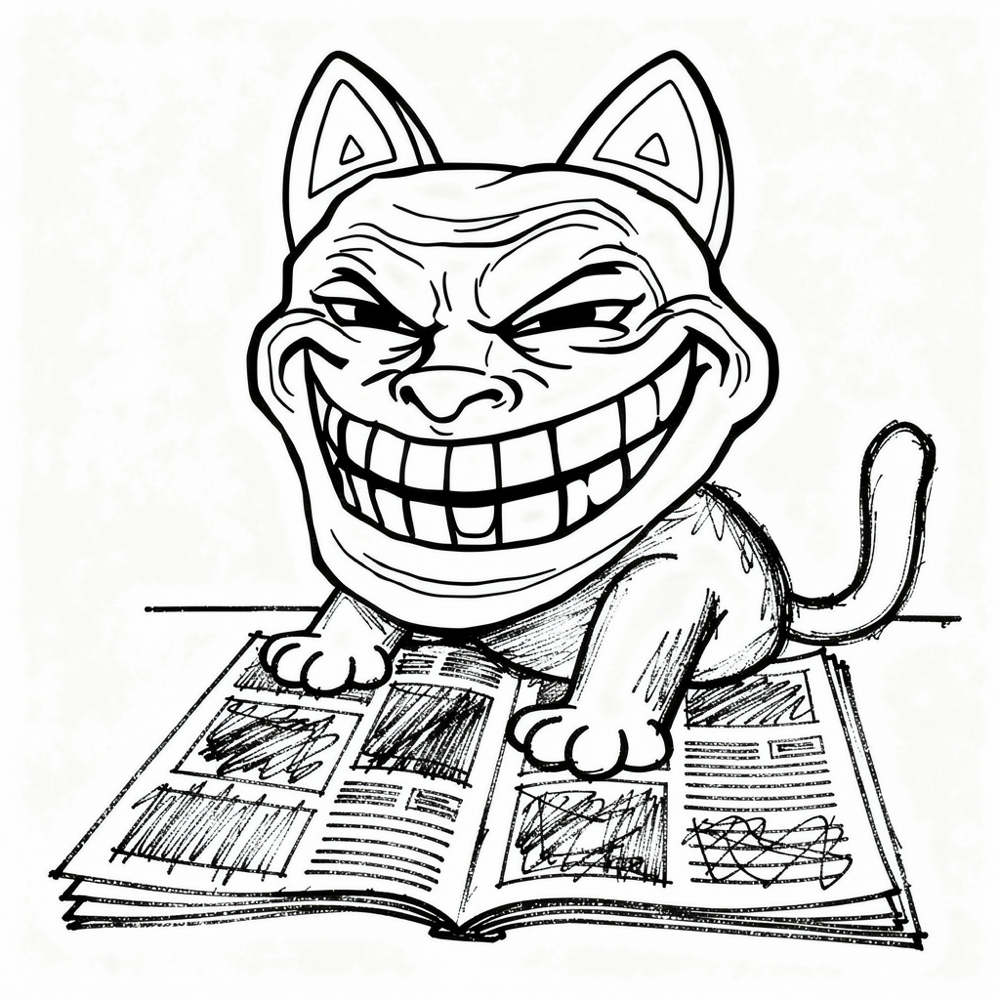 The same trollface cat sprawled across an open newspaper